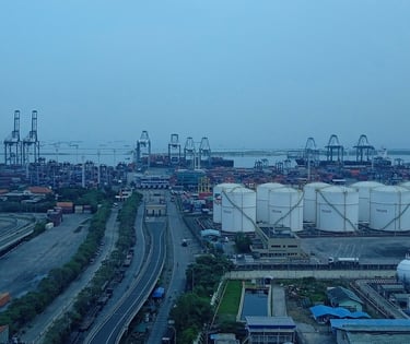 a large industrial area with a lot of tanks and a lot of tanks