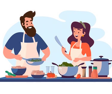 a man and woman cooking happily together in a kitchen