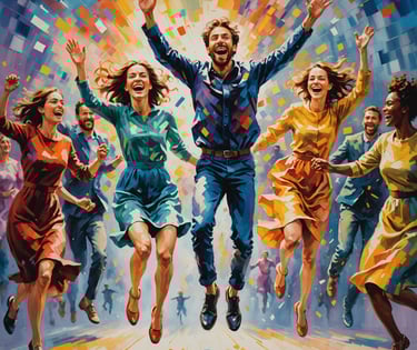 a painting of a man and woman in a colorful painting