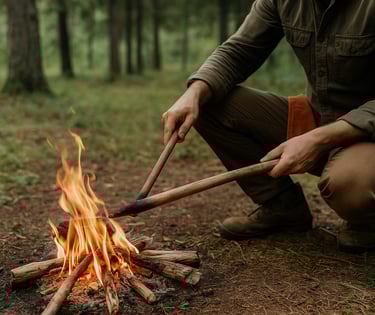  Starting fire in forest using flint and steel with small kindling and tinder
