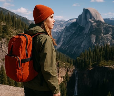 Woman hiker overlooking canyon and waterfall, solo wilderness trekking and survival navigation in rugged terrain