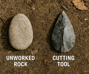 Comparison of unworked stone and hand carved flint cutting tool for primitive bushcraft and survival tool crafting