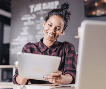 Happy customer discovering their loan options with Cromeloan's Generative AI