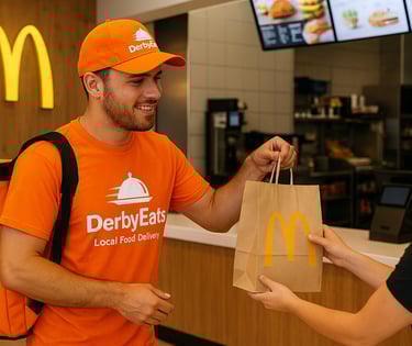DerbyEats driver picking up food at a restaurant for delivery