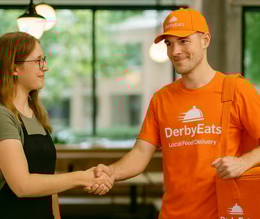 A DerbyEats driver interacting with a restaurant worker