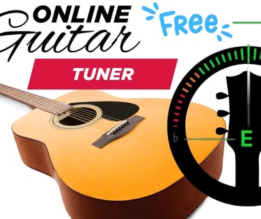 Free online guitar tuner tool showing an acoustic guitar and a digital tuning interface.