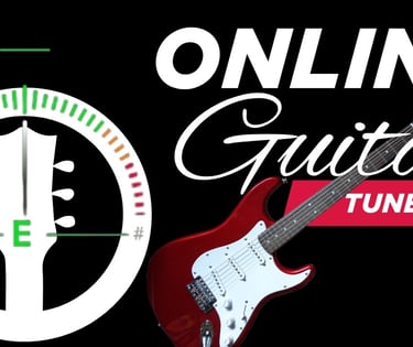 Online guitar tuner interface with a red electric guitar and a digital tuning display.