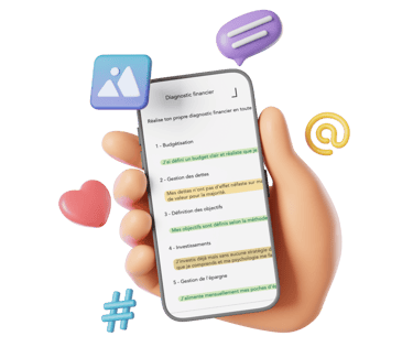 une main 3D tenant un iPhone présentant un outil de gestion des finances personnelles