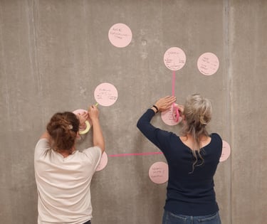 Zwei Frauen von hinten die beschriftete Moderationskarten an die Wand kleben.