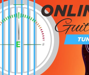 Digital online guitar tuner interface showing an E note on a dial next to an electric guitar.