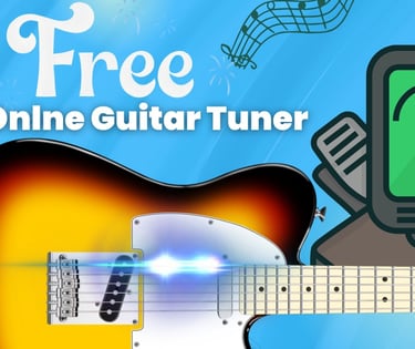 Graphic for a free online guitar tuner featuring an electric guitar and digital tuning display.