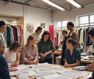 a group of people standing around a table with papers and papers