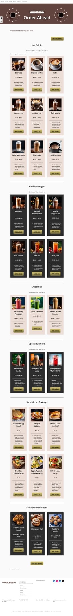 Order Ahead webpage displaying brewed coffee, cold drinks, hot drinks, and seasonal specials with descriptions and images.
