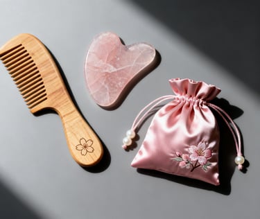 "Sakura Ritual" GWP collection, featuring a pink satin pouch with a wooden comb and Gua Sha.