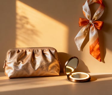 "Gilded Moments" GWP collection, with a shimmering gold cosmetic pouch, silk scarf, and mirror.