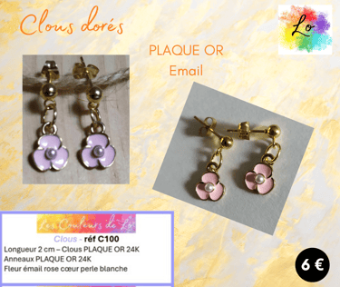 Boucles clous Plaqué or fleur émail rose Les Couleurs de Lo