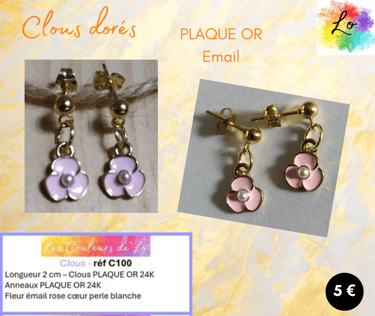 Boucles clous Plaqué or fleur émail rose Les Couleurs de Lo