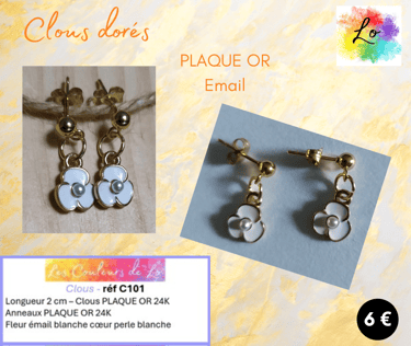 Boucles clous Plaqué or fleur émail blanc Les Couleurs de Lo