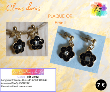Boucles clous Plaqué or fleur émail noir les Couleurs de Lo