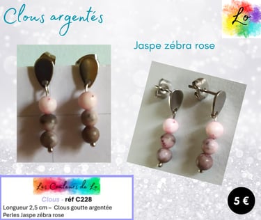 Boucles clous argentés Jaspe zébra rose Les Couleurs de Lo