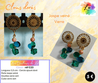 Boucles clous dorés fleur métal ajourée Jaspe veiné verre vert Les Couleurs de Lo