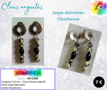 Boucles clous argentés Jaspe dalmatien Obsidienne Les Couleurs de Lo