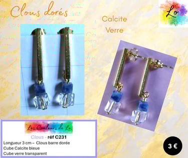 Boucles clous dorés Calcite bleue verre Les Couleurs de Lo
