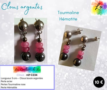 Boucles clous argentés Tourmaline rose Hématite Les Couleurs de Lo
