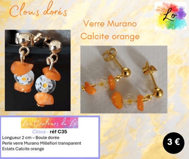 Boucles clous dorés verre Murano Millefiori Calcite orange Les Couleurs de Lo