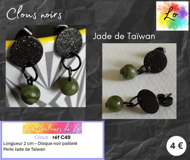 Boucles clous noirs Jade de Taïwan Les Couleurs de Lo