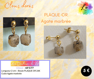 Boucles clous Plaqué or Agate marbrée Les Couleurs de Lo