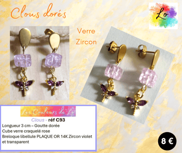 Boucles clous dorés verre craquelé rose libellule Zircon parme Les Couleurs de Lo