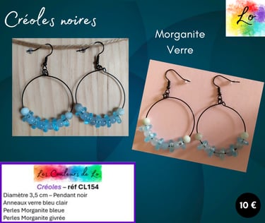 Créoles noires 3,5 cm Morganite verre bleu clair Les Couleurs de Lo