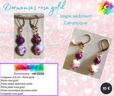Boucles dormeuses rose gold Jaspe sédiment céramique décorée Les Couleurs de Lo