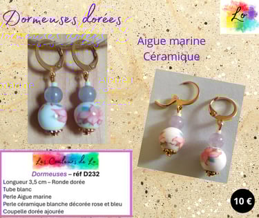Boucles dormeuses dorées Aigue marine céramique décorée Les Couleurs de Lo