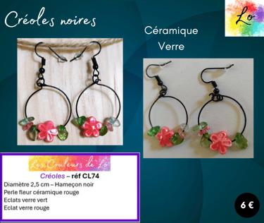 Créoles noires 2,5 cm fleur céramique rouge verre coloré Les Couleurs de Lo