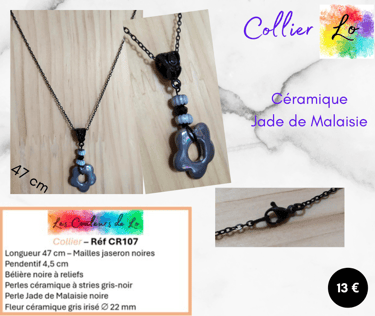 Collier noir pendentif céramique gris Jade de Malaisie noir fleur céramique grise Les Couleurs de Lo