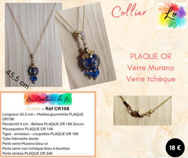 Collier Plaqué or pendentif verre Murano verre tchèque bleu coupelles Plaqué or Les Couleurs de Lo