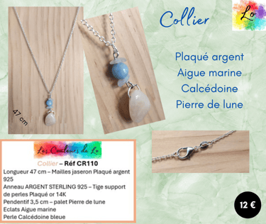 Collier Plaqué argent Aigue marine Calcédoine Pierre de lune Les Couleurs de Lo