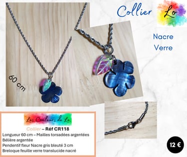 Collier argenté fleur Nacre gris bleuté feuille verre nacré Les Couleurs de Lo