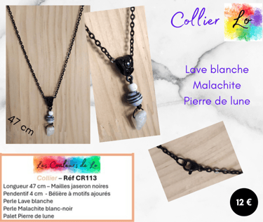Collier noir pendentif Lave blanche Malachite Pierre de lune Les Couleurs de Lo