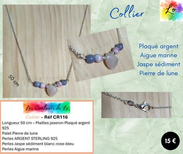 Collier Plaqué argent Aigue marine Jaspe sédiment Pierre de lune Les Couleurs de Lo