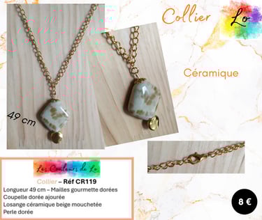 Collier doré losange céramique beige moucheté perle acier doré Les Couleurs de Lo