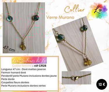 Collier doré verre Murano jaune-doré vert-doré Les Couleurs de Lo