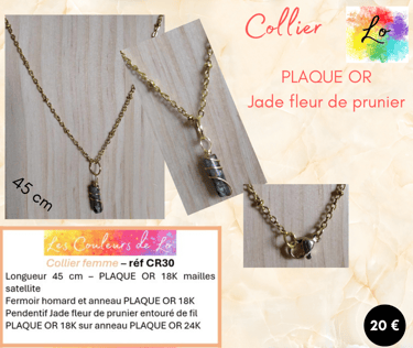 Collier Plaqué or pendentif Jade fleur de prunier Les Couleurs de Lo