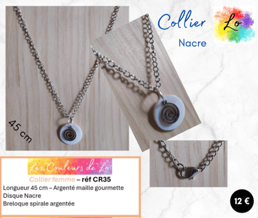 Collier argenté disque Nacre spirale acier Les Couleurs de Lo