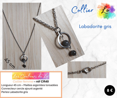 Collier argenté cercle acier Labadorite gris Les Louleurs de Lo