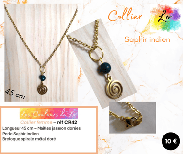 Collier doré Saphir indien anneau métal martelé spirale acier les Couleurs de Lo