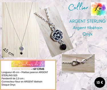 Collier Argent Sterling 925 pendentif fleur Argent tibétain Onyx Les Couleurs de Lo