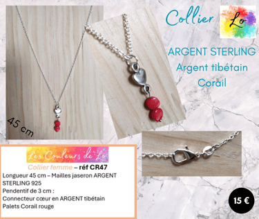 Collier Argent Sterling 925 Corail rouge cœur Argent tibétain Les Couleurs de Lo